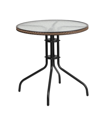 Flash Furniture 28'' Round Tempered Glass Metal Table with Dark Brown Rattan Edging