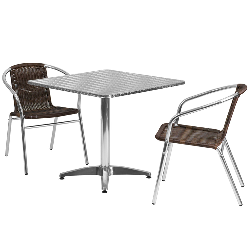 Flash Furniture 31.5" Square Aluminum Indoor-Outdoor Table With 2 Rattan Chairs