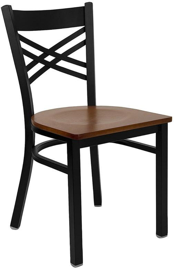 HERCULES SERIES BLACK "X" BACK METAL RESTAURANT CHAIR WITH CHERRY WOOD SEAT