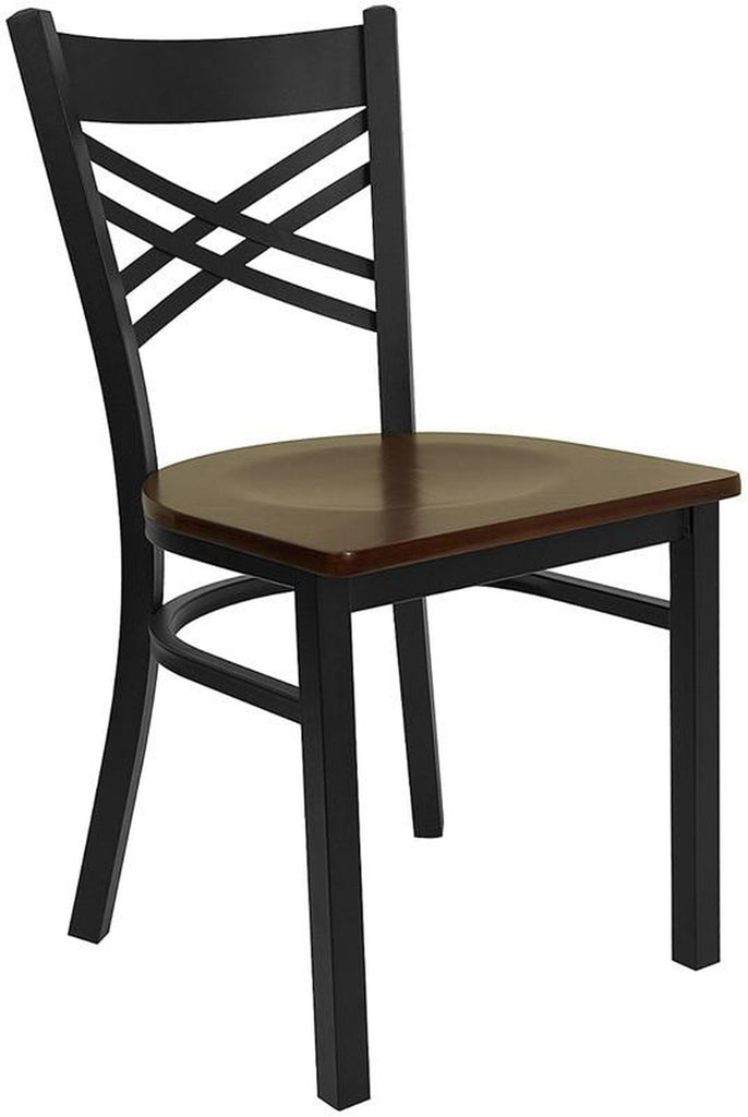 HERCULES SERIES BLACK "X" BACK METAL RESTAURANT CHAIR WITH MAHOGANY WOOD SEAT