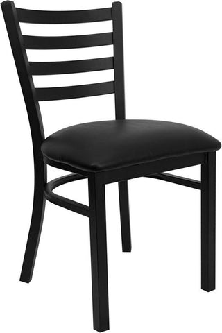 HERCULES SERIES BLACK LADDER BACK METAL RESTAURANT CHAIR WITH BLACK VINYL SEAT