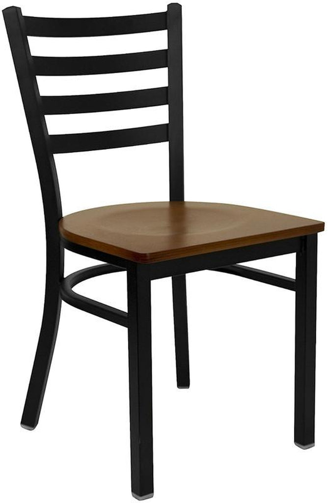 HERCULES SERIES BLACK LADDER BACK METAL RESTAURANT CHAIR WITH CHERRY WOOD SEAT