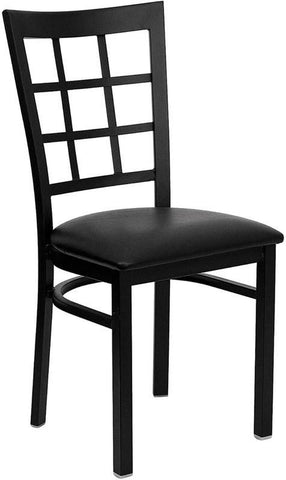 HERCULES SERIES BLACK WINDOW BACK METAL RESTAURANT CHAIR WITH BLACK VINYL SEAT