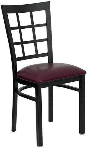 HERCULES SERIES BLACK WINDOW BACK METAL RESTAURANT CHAIR WITH BURGUNDY VINYL SEAT