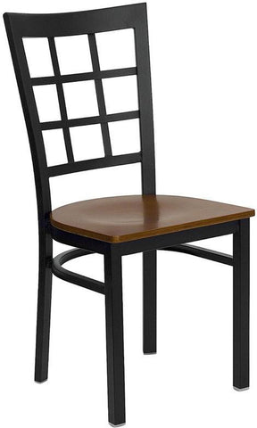 HERCULES SERIES BLACK WINDOW BACK METAL RESTAURANT CHAIR WITH CHERRY WOOD SEAT