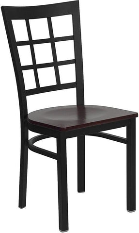 HERCULES SERIES BLACK WINDOW BACK METAL RESTAURANT CHAIR WITH MAHOGANY WOOD SEAT