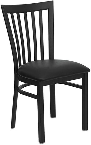 HERCULES SERIES BLACK SCHOOL HOUSE BACK METAL RESTAURANT CHAIR WITH BLACK VINYL SEAT