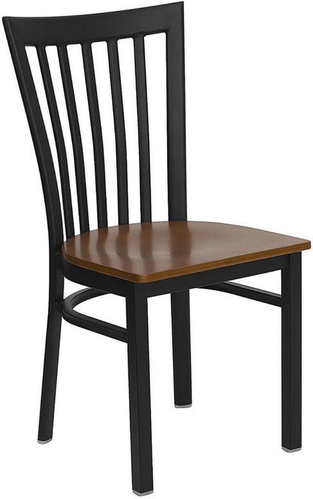 HERCULES SERIES BLACK SCHOOL HOUSE BACK METAL RESTAURANT CHAIR WITH CHERRY WOOD SEAT