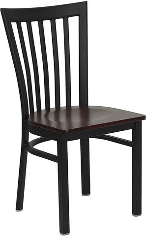 HERCULES SERIES BLACK SCHOOL HOUSE BACK METAL RESTAURANT CHAIR WITH MAHOGANY WOOD SEAT