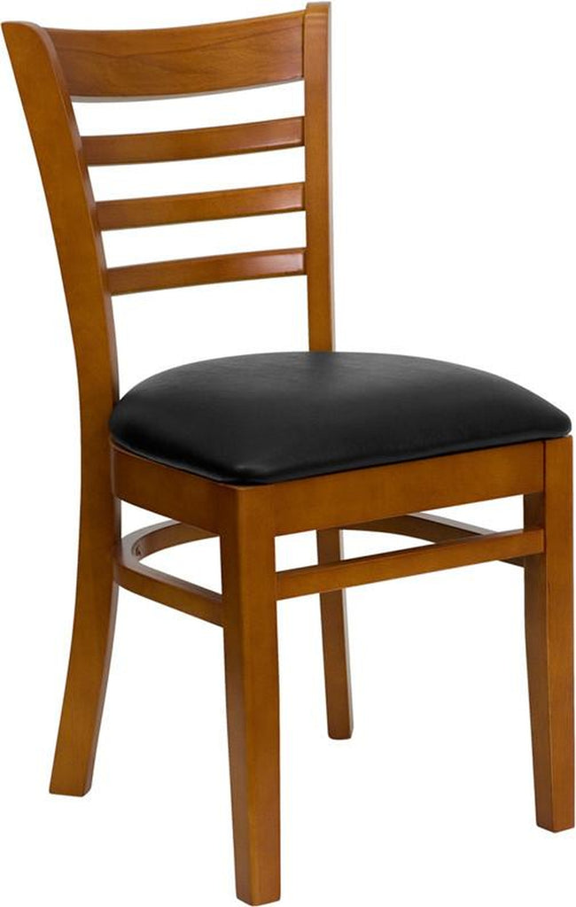 HERCULES SERIES CHERRY FINISHED LADDER BACK WOODEN RESTAURANT CHAIR WITH BLACK VINYL SEAT