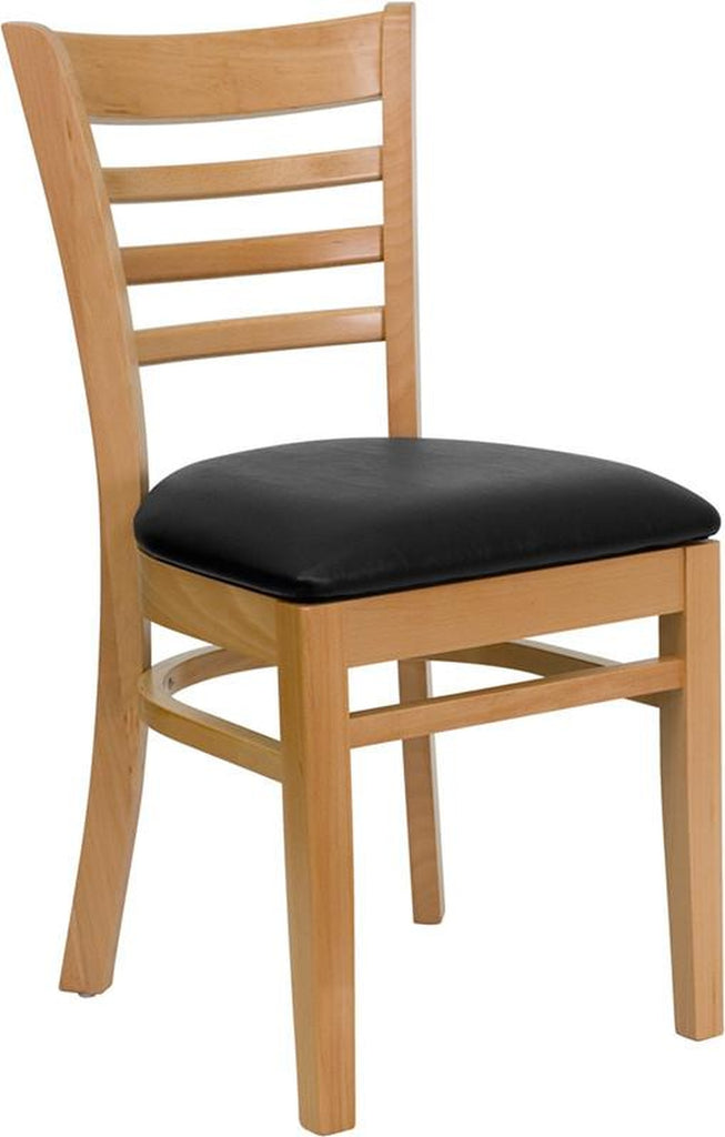 HERCULES SERIES NATURAL WOOD FINISHED LADDER BACK WOODEN RESTAURANT CHAIR WITH BLACK VINYL SEAT