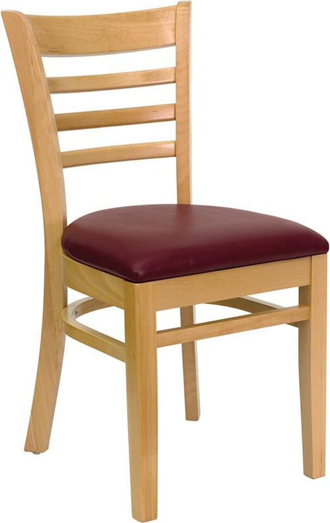 HERCULES SERIES NATURAL WOOD FINISHED LADDER BACK WOODEN RESTAURANT CHAIR WITH BURGUNDY VINYL SEAT