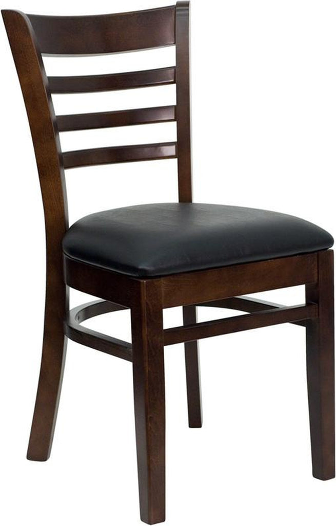HERCULES SERIES WALNUT FINISHED LADDER BACK WOODEN RESTAURANT CHAIR WITH BLACK VINYL SEAT