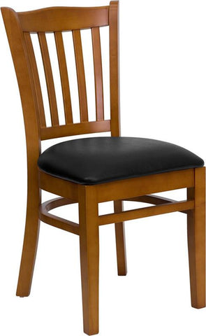 HERCULES SERIES CHERRY FINISHED VERTICAL SLAT BACK WOODEN RESTAURANT CHAIR WITH BLACK VINYL SEAT