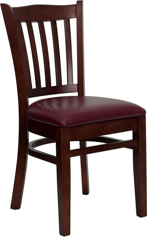 HERCULES SERIES MAHOGANY FINISHED VERTICAL SLAT BACK WOODEN RESTAURANT CHAIR WITH BURGUNDY VINYL SEAT