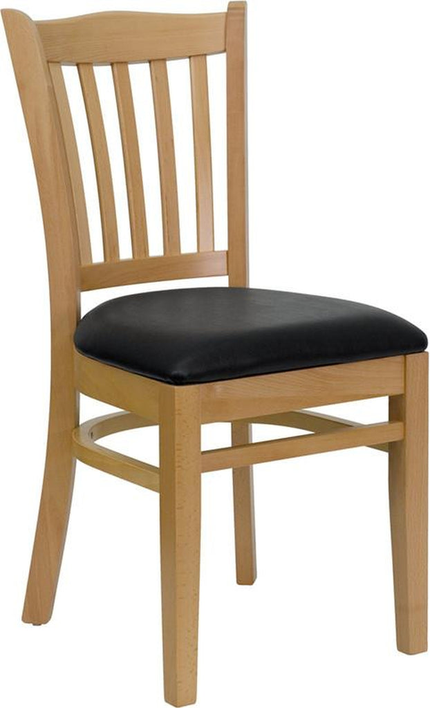 HERCULES SERIES NATURAL WOOD FINISHED VERTICAL SLAT BACK WOODEN RESTAURANT CHAIR WITH BLACK VINYL SEAT
