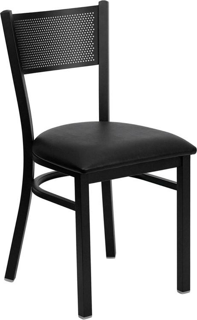 HERCULES SERIES BLACK GRID BACK METAL RESTAURANT CHAIR WITH BLACK VINYL SEAT