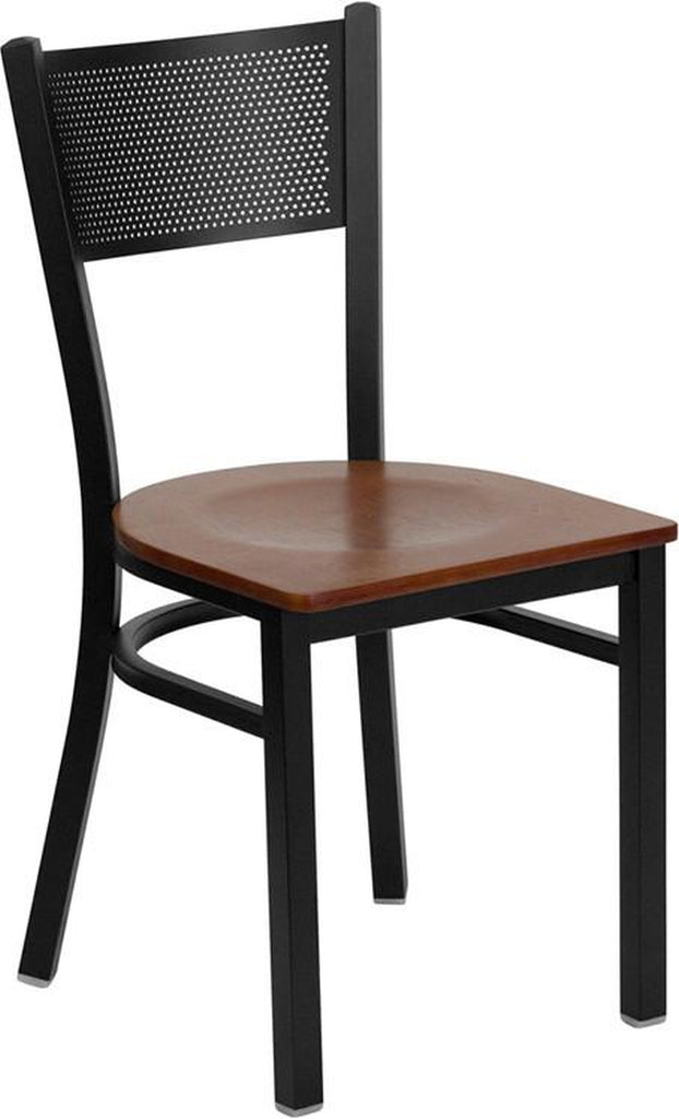 HERCULES SERIES BLACK GRID BACK METAL RESTAURANT CHAIR WITH CHERRY WOOD SEAT