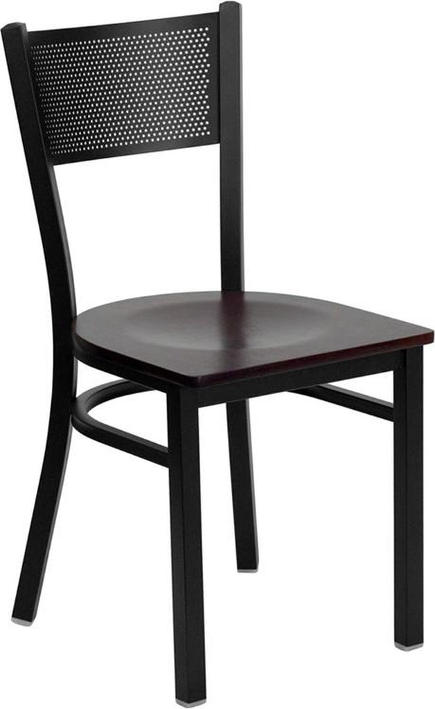 HERCULES SERIES BLACK GRID BACK METAL RESTAURANT CHAIR WITH MAHOGANY WOOD SEAT