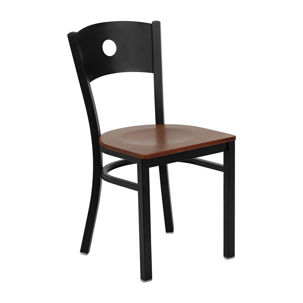 HERCULES SERIES BLACK CIRCLE BACK METAL RESTAURANT CHAIR WITH CHERRY WOOD SEAT