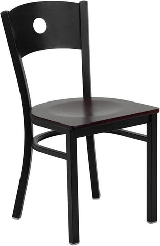 HERCULES SERIES BLACK CIRCLE BACK METAL RESTAURANT CHAIR WITH CHERRY WOOD SEAT