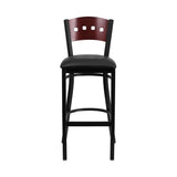 Flash Furniture HERCULES Series Black Decorative 4 Square Back Metal Restaurant Barstool - Mahogany Wood Back, Black Vinyl Seat [XU-DG-60515-MAH-BAR-BLKV-GG]
