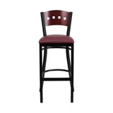 Flash Furniture HERCULES Series Black Decorative 4 Square Back Metal Restaurant Barstool - Mahogany Wood Back, Burgundy Vinyl Seat [XU-DG-60515-MAH-BAR-BURV-GG]