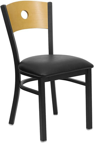 HERCULES SERIES BLACK CIRCLE BACK METAL RESTAURANT CHAIR WITH NATURAL WOOD BACK & BLACK VINYL SEAT