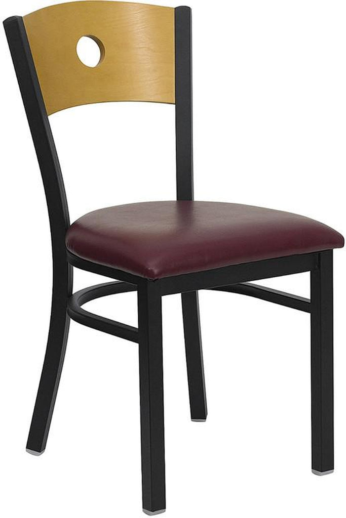 HERCULES SERIES BLACK CIRCLE BACK METAL RESTAURANT CHAIR WITH NATURAL WOOD BACK & BURGUNDY VINYL SEAT