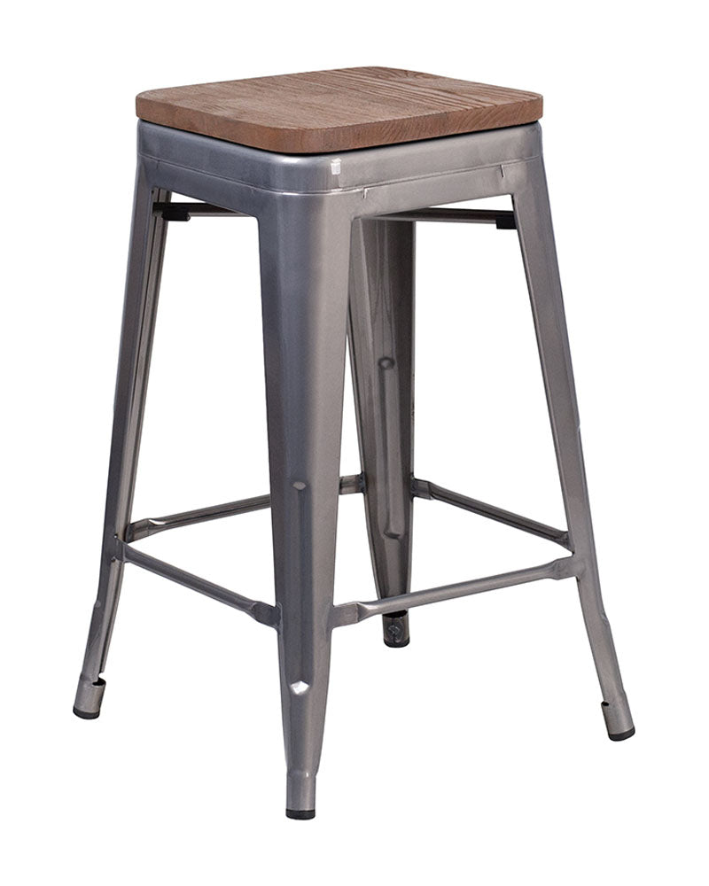 Flash Furniture 24" High Backless Clear Coated Metal Counter Height Stool with Square Wood Seat