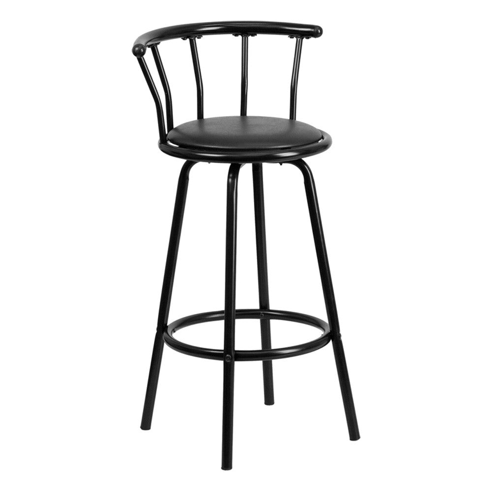 CROWN BACK BLACK METAL BAR STOOL WITH BLACK VINYL SWIVEL SEAT