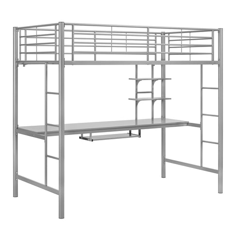 WE Furniture Premium Metal Twin Loft Bed with Detachable Wood Workstation- Silver