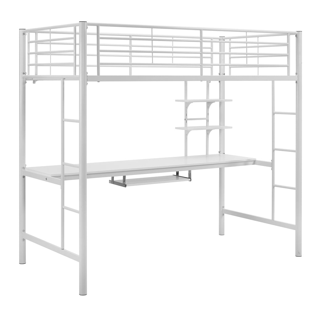 WE Furniture Premium Metal Twin Loft Bed with Detachable Wood Workstation- White