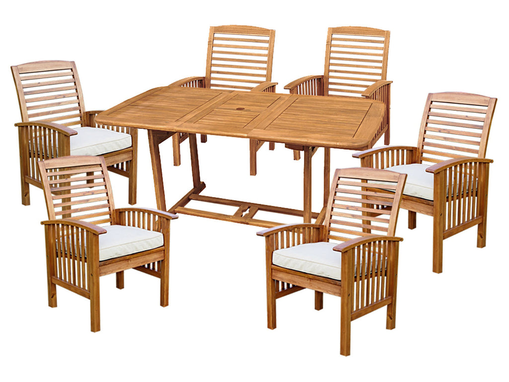 WE Furniture Patio Outdoor Acacia Dining Set with Cushions, Brown - 7 Pieces