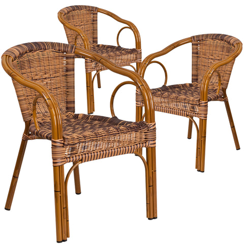 3 Pk. Cadiz Series Rattan Restaurant Patio Chair with Bamboo-Aluminum Frame