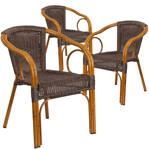 3 Pk. Cadiz Series Rattan Restaurant Patio Chair with Bamboo-Aluminum Frame