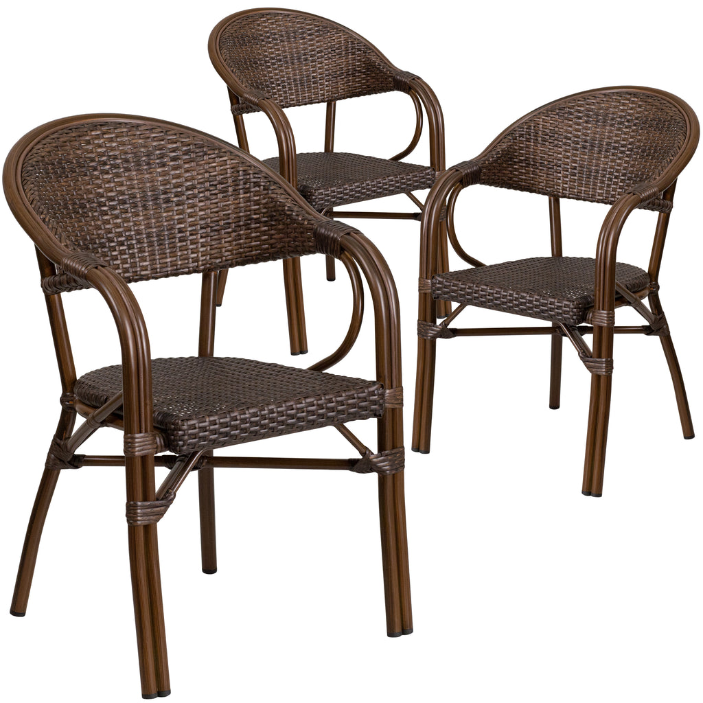 3 Pk. Milano Series Rattan Restaurant Patio Chair with Bamboo-Aluminum Frame