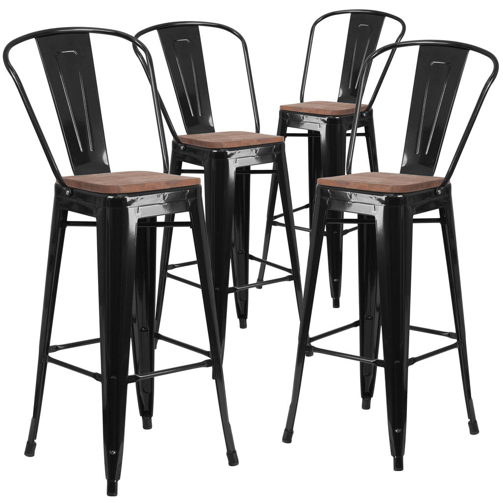 4 Pk. 30"" High Metal Barstool with Back and Wood Seat
