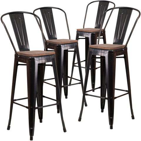 4 Pk. 30"" High Metal Barstool with Back and Wood Seat