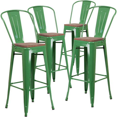 4 Pk. 30"" High Metal Barstool with Back and Wood Seat