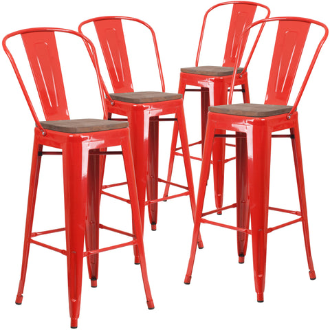 4 Pk. 30"" High Metal Barstool with Back and Wood Seat