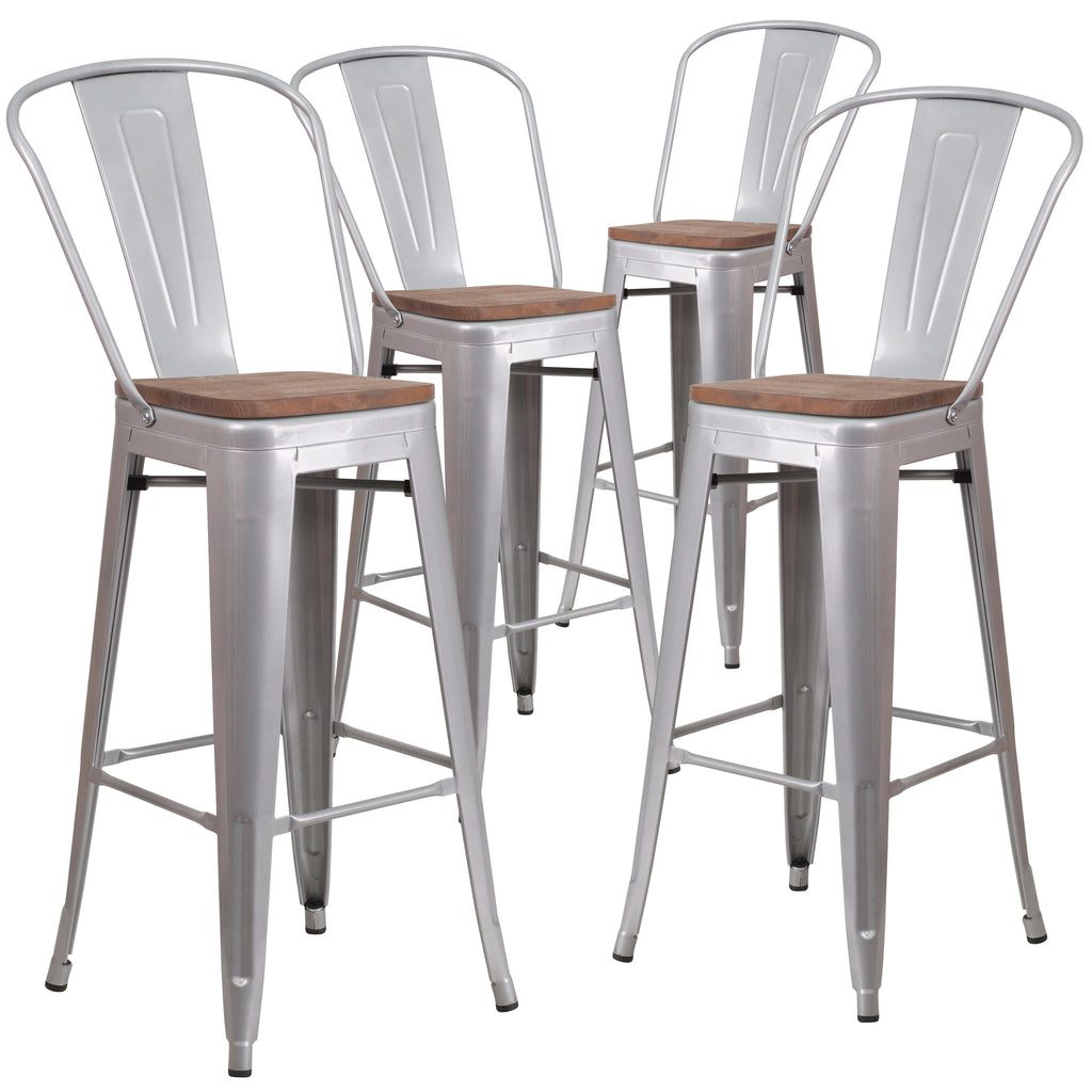 4 Pk. 30"" High Metal Barstool with Back and Wood Seat