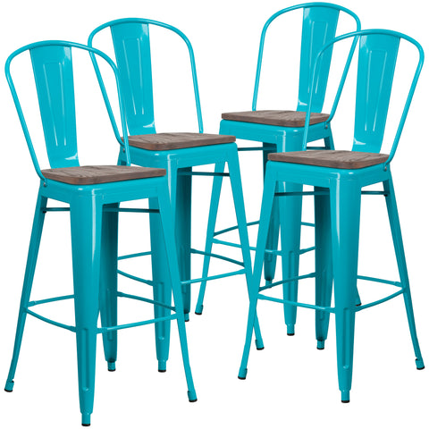 4 Pk. 30"" High Metal Barstool with Back and Wood Seat