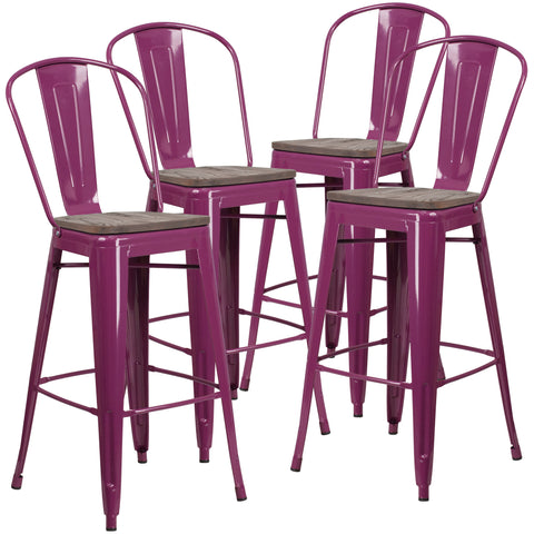 4 Pk. 30"" High Metal Barstool with Back and Wood Seat