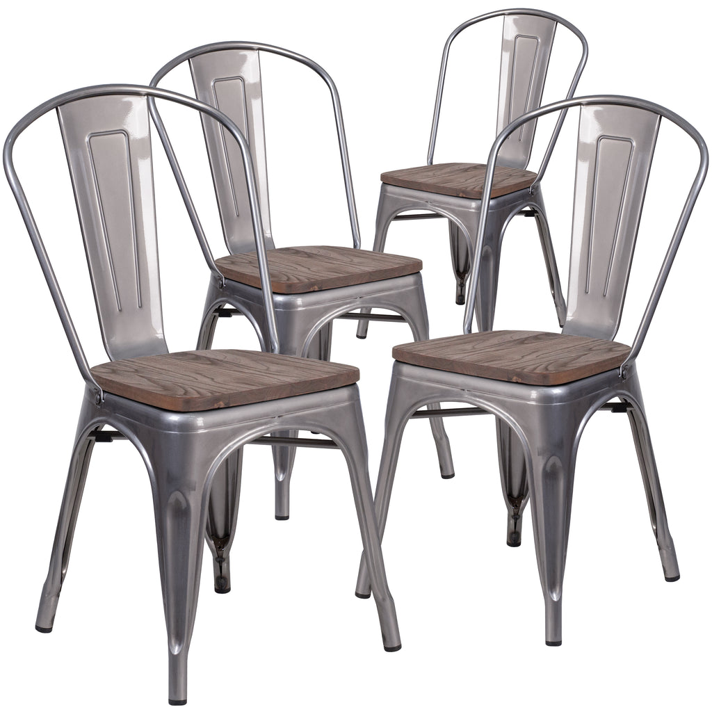 4 Pk. Metal Stackable Chair with Wood Seat