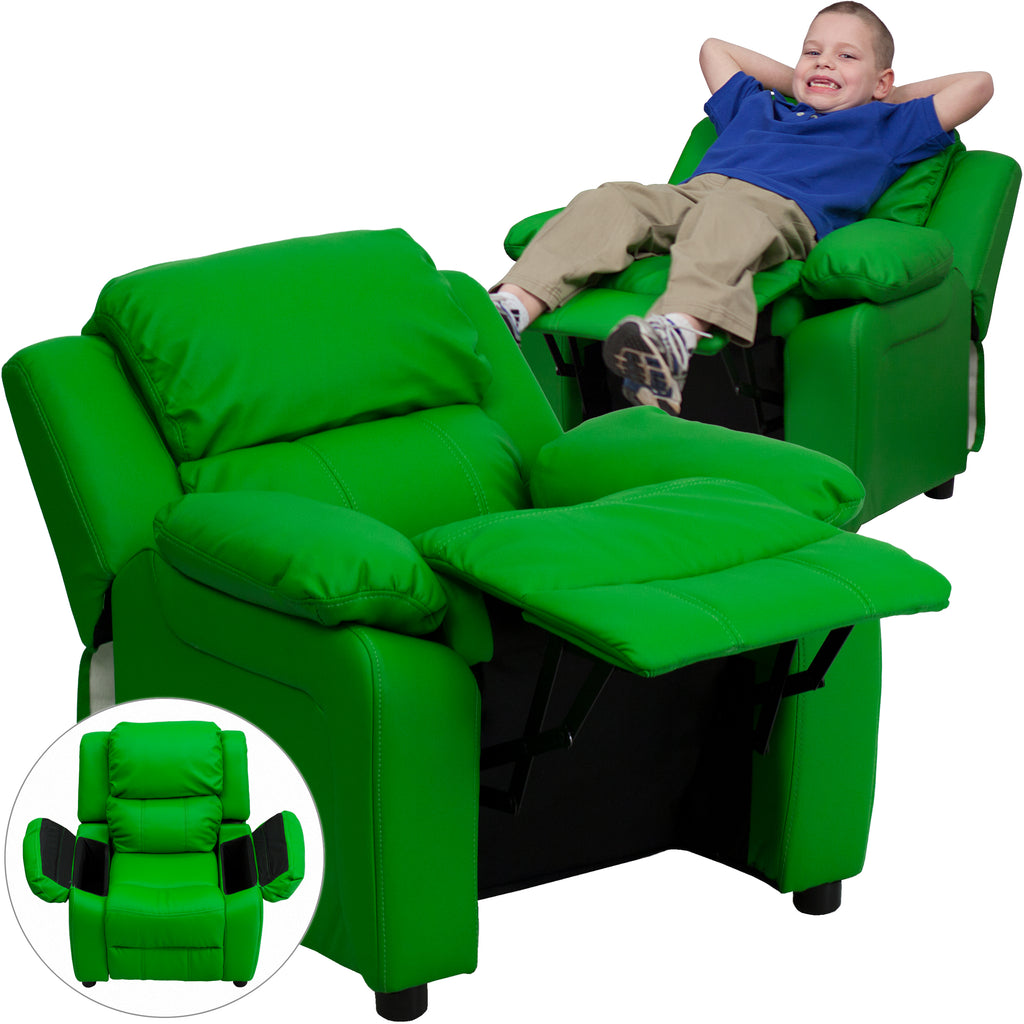 Deluxe Padded Contemporary Kids Recliner with Storage Arms