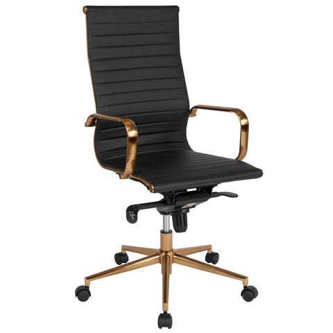 High Back Ribbed Leather Executive Swivel Chair with Knee-Tilt Control and Arms