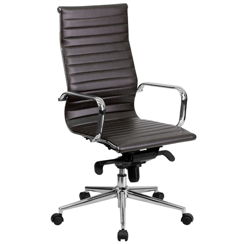 High Back Ribbed Leather Executive Swivel Chair with Knee-Tilt Control and Arms