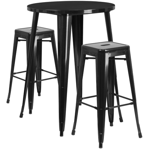 30'' Round Metal Indoor-Outdoor Bar Table Set with 2 Square Seat Backless Barstools