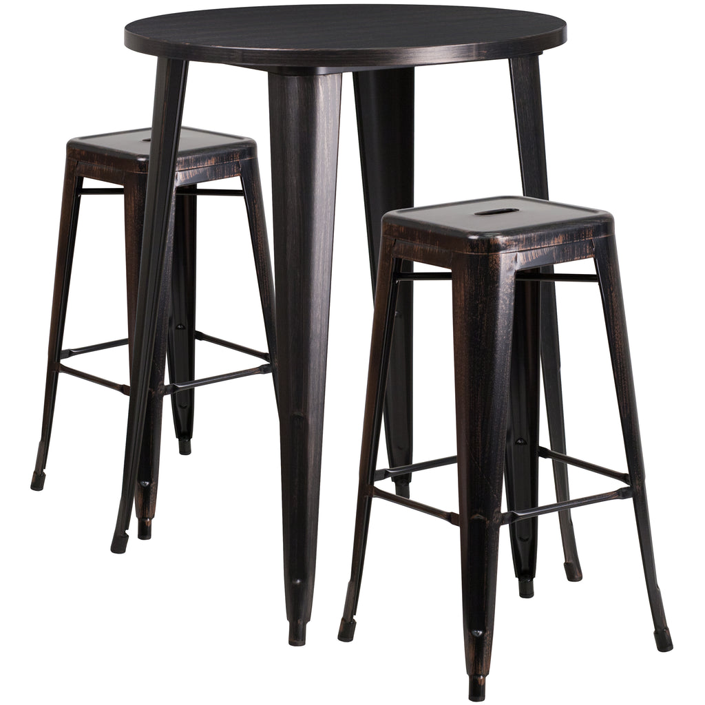 30'' Round Metal Indoor-Outdoor Bar Table Set with 2 Square Seat Backless Barstools